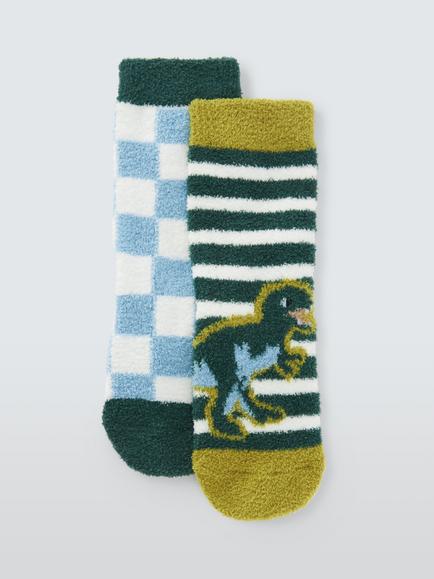 John Lewis Kids' Fluffy Dinosaur Slipper Socks, Pack of 2, Multi, Multi