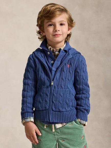 Ralph Lauren Kids' Cotton Cable Knit Full Zip Hoodie, Old Royal, Old Royal