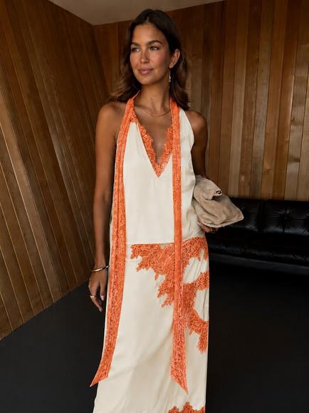 Never Fully Dressed Lily Lace Trim Maxi Skirt, Cream/Orange, Cream/Orange