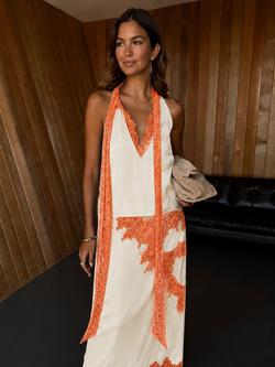 Never Fully Dressed Sleeveless Halterneck Lace Trim Top, Cream/Orange, Cream/Orange