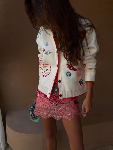 Never Fully Dressed Morocco Charms Cardigan containing LENZING™ ECOVERO™ Viscose, Cream/Multi - view 2, Cream/Multi