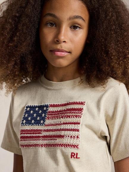 Ralph Lauren Kids' Cotton Flag T-Shirt, Dune Tan - view 2, Dune Tan
