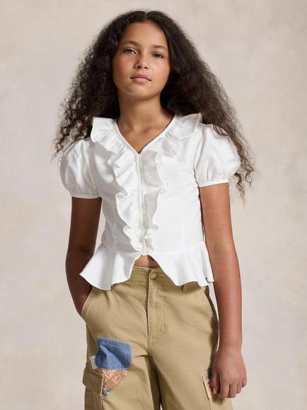 Ralph Lauren Kids' Short Sleeve Ruffle Blouse, White, White