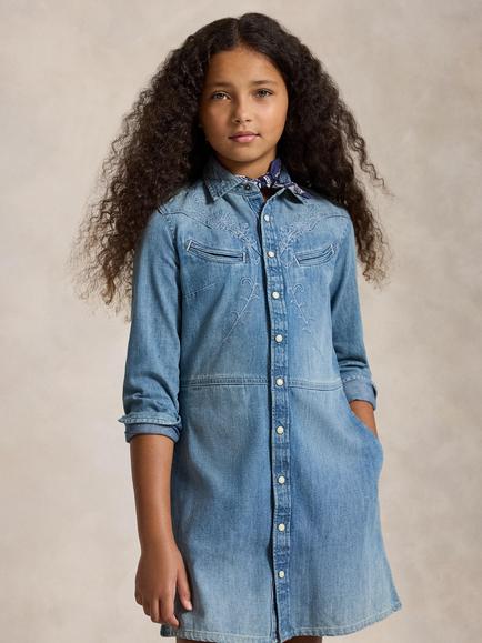 Ralph Lauren Kids' Cotton Denim Shirt Dress, Abiline, Abiline