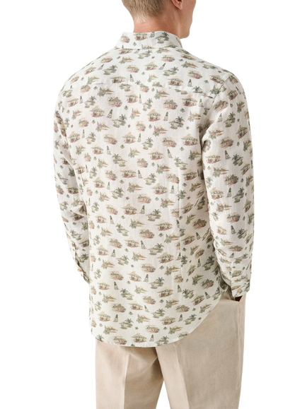 Eton Linen Island Motif Print Shirt, Green - view 2, Green