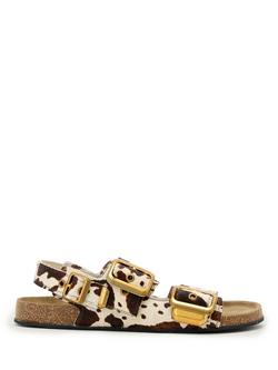 AllSaints Staffa Cow Print Open Toe Buckle Footbed Sandals, Brown/Multi, Brown/Multi