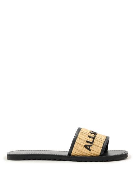 AllSaints Hoxton Raffia Single Strap Slider Sandals, Black/Natural