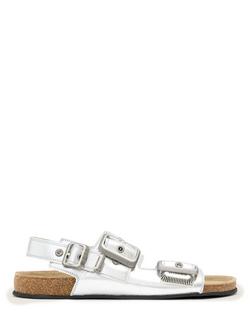 AllSaints Staffa Leather Open Toe Buckle Footbed Sandals, Silver Shine