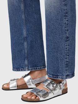 AllSaints Staffa Leather Open Toe Buckle Footbed Sandals - view 2, Silver Shine