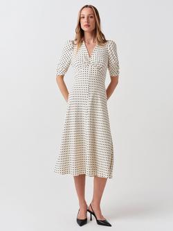 Ghost Mia V-Neck Short Sleeve Midi Dress, Ivory Spot, Ivory Spot