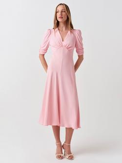 Ghost Mia V-Neck Short Sleeve Midi Dress, Pink