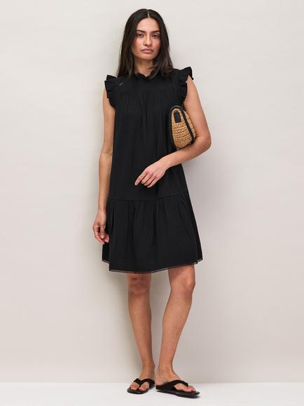 Ro&Zo Cotton Cheesecloth Frill Neck Mini Dress, Black, Black