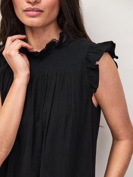 Ro&Zo Cotton Cheesecloth Frill Neck Mini Dress, Black - view 2, Black
