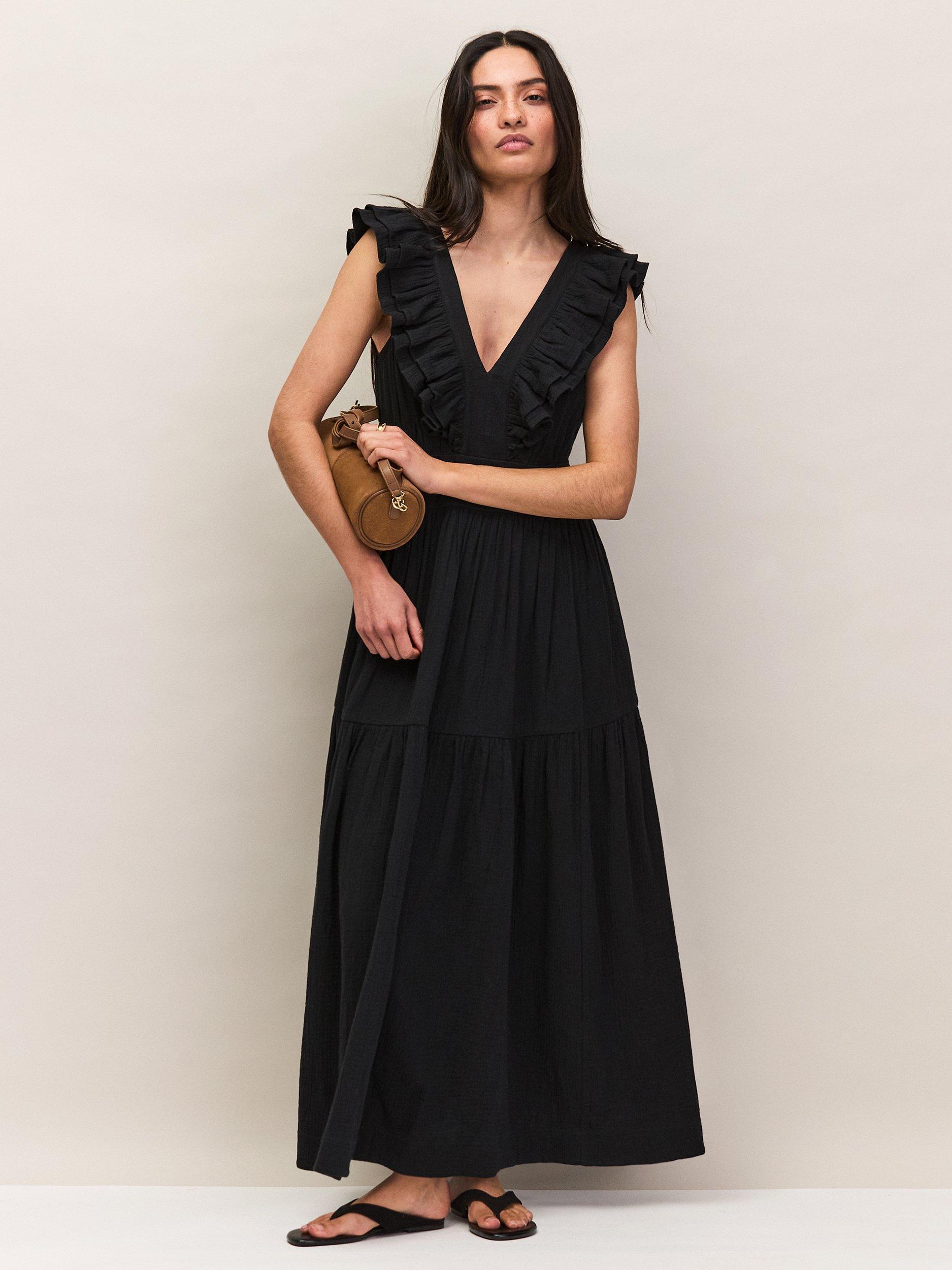 Ro&Zo Cheesecloth Ruffle V-Neck Midi Dress, Black