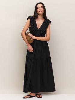 Ro&Zo Cheesecloth Ruffle V-Neck Midi Dress, Black, Black