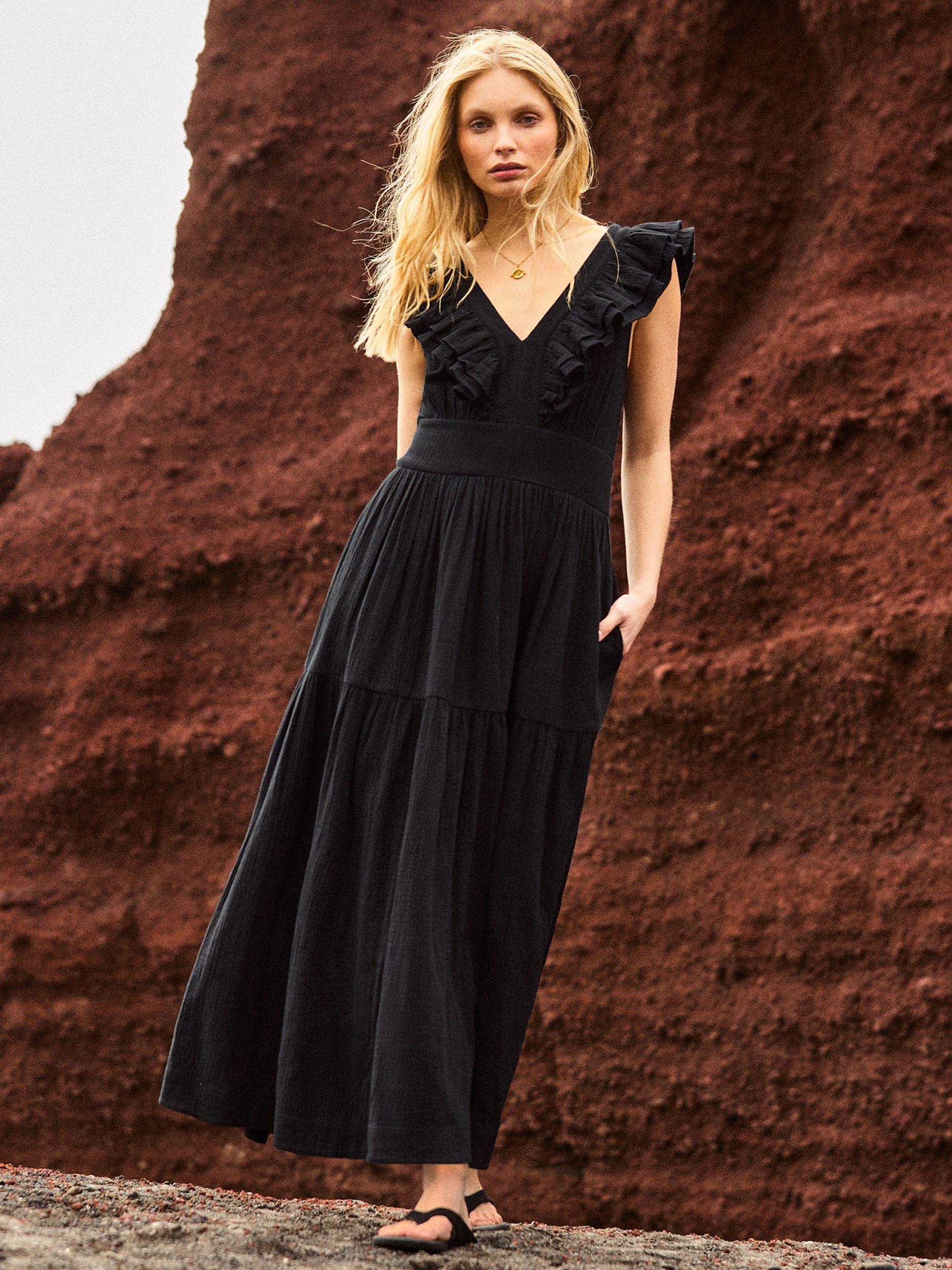 Ro&Zo Cheesecloth Ruffle V-Neck Midi Dress, Black