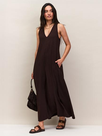 Ro&Zo Sleeveless Slub V-Neck Dress, Brown, Brown