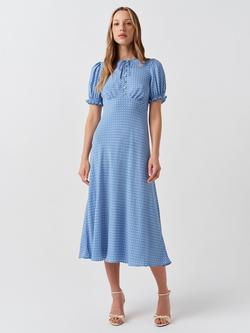 Ghost Clarissa Tie Neck Puff Sleeve Midi Dress, Blue Spot