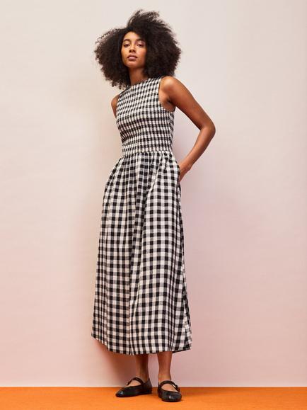 Ro&Zo Gingham Shirred Racer Dress, Black/White, Black/White