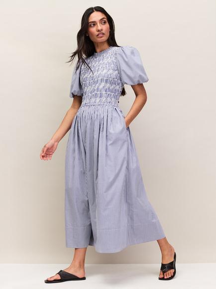 Ro&Zo Petite Striped Shirred Bodice Maxi Dress, Blue/White, Blue/White