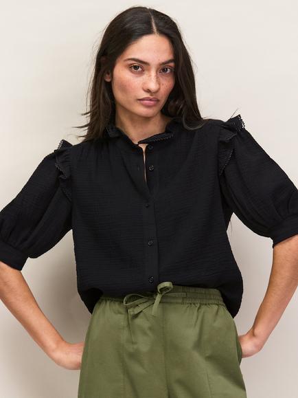 Ro&Zo Cheesecloth Frill Short Sleeve Shirt, Black, Black