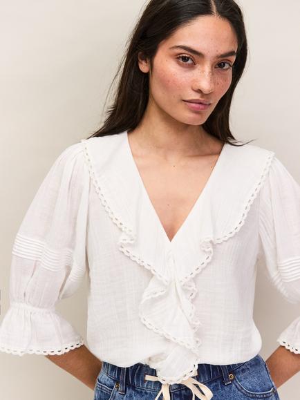 Ro&Zo Cheesecloth Ruffle-Front Blouse, White, White
