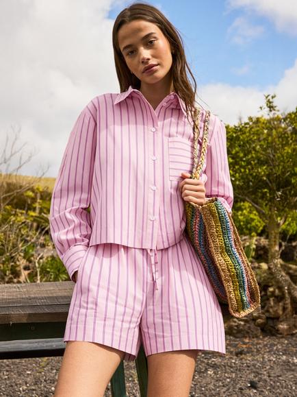Ro&Zo Stripe Long Sleeve Shirt, Pink, Pink