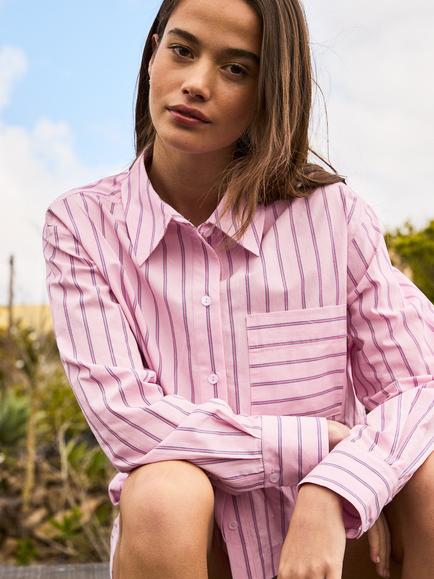 Ro&Zo Stripe Long Sleeve Shirt, Pink - view 2, Pink
