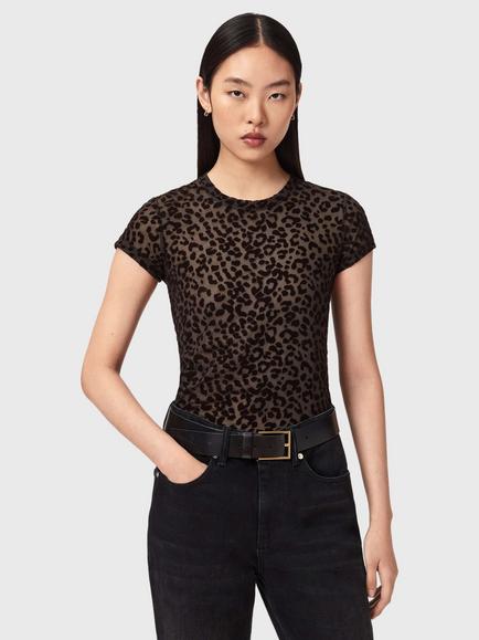 AllSaints Ellie Animal Mesh T-Shirt, Brown, Brown