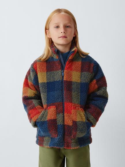 John Lewis Kids' Check Jacquard Borg Fleece Zip Through Jacket, Multi, Multi