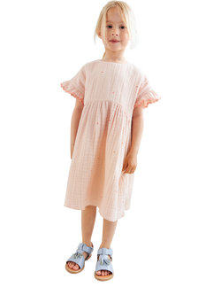 WHEAT Kids' Short Sleeve Lace Trim Dress, Powder Hearts, Powder Hearts