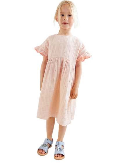 WHEAT Kids' Short Sleeve Lace Trim Dress, Powder Hearts, Powder Hearts