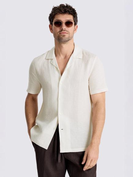 Moss Linen Cuban Collar Shirt, Off White, Off White