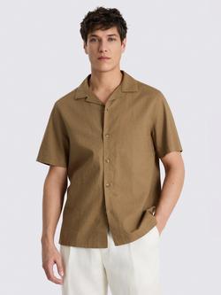 Moss Cuban Short Sleeve Linen Rich Shirt, Dark Taupe
