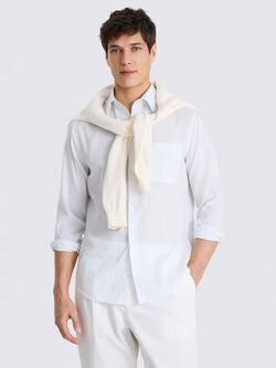 Moss Cotton Blend Regular Fit Stripe Lightweight Oxford Shirt, Blue - view 2, Blue