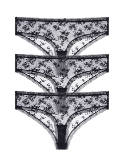 Dorina Essential Lace Cheeky Brazilian Knickers, Pack of 3, Black, Black