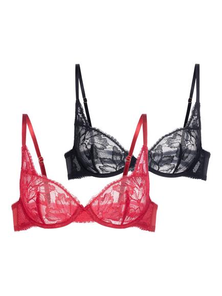Dorina Perfect Lace Three-Quarter Cup Plunge Bra, Pack fo 2, Black/Red, Black/Red
