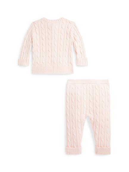 Ralph Lauren Baby Cable Knit Cardigan and Trousers Set, Pink - view 2, Pink