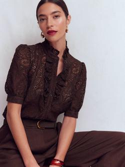 Boden Sasha Ruffle Short Sleeve Shirt, Java Brown