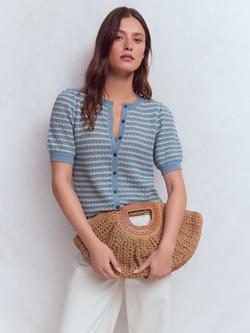 Boden Dot Pointelle Short Sleeve Cardigan, Blue/Multi