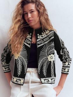 Boden Elena Stand Neck Embroidered Jacket, Black/Multi, Black/Multi