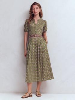 Boden Amber Flower Lattice Pleat Jersey Dress, Olive/Multi, Olive/Multi