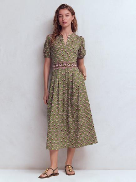 Boden Amber Flower Lattice Pleat Jersey Dress, Olive/Multi, Olive/Multi