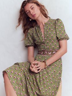 Boden Amber Flower Lattice Pleat Jersey Dress, Olive/Multi - view 2, Olive/Multi