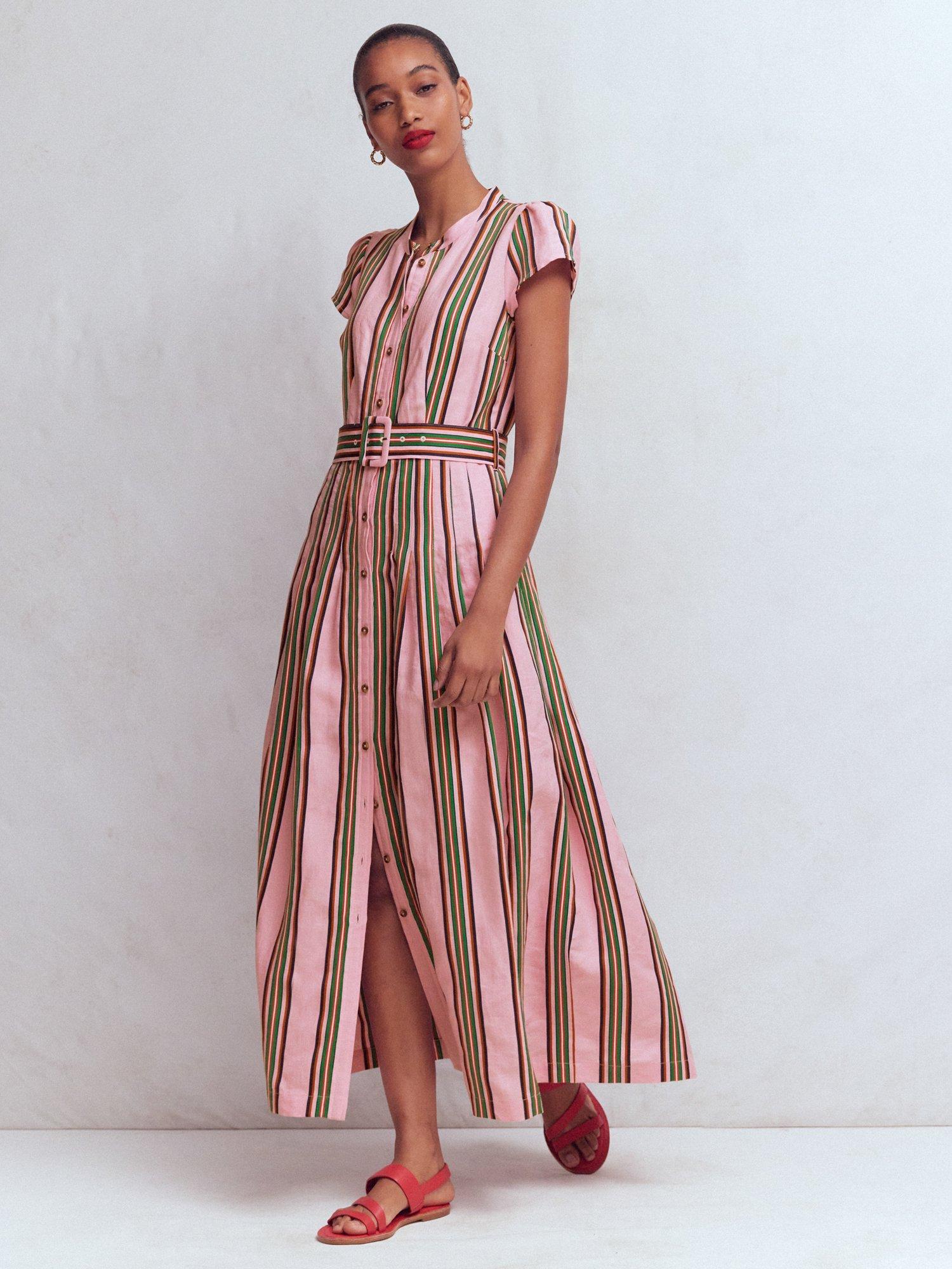 Boden Arabella Stripe Linen Rich Shirt Midi Dress, Pink/Green