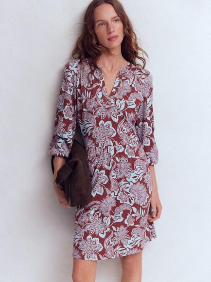 Boden Cathy Notch Neck Blossom Print Dress, Brown/Multi, Brown/Multi