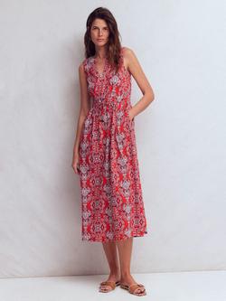 Boden Delphine Drawstring Waist Midi Dress, Orange/Multi, Orange/Multi
