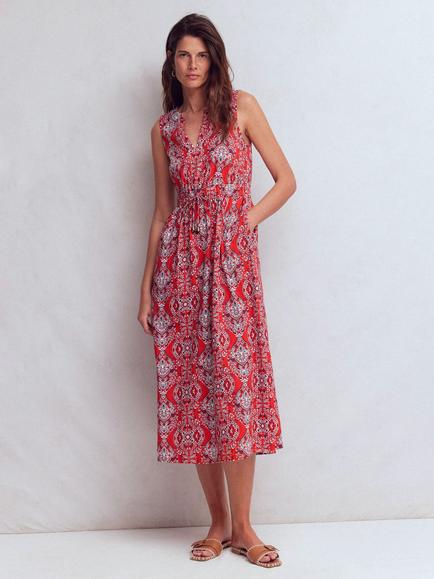 Boden Delphine Drawstring Waist Midi Dress, Orange/Multi, Orange/Multi