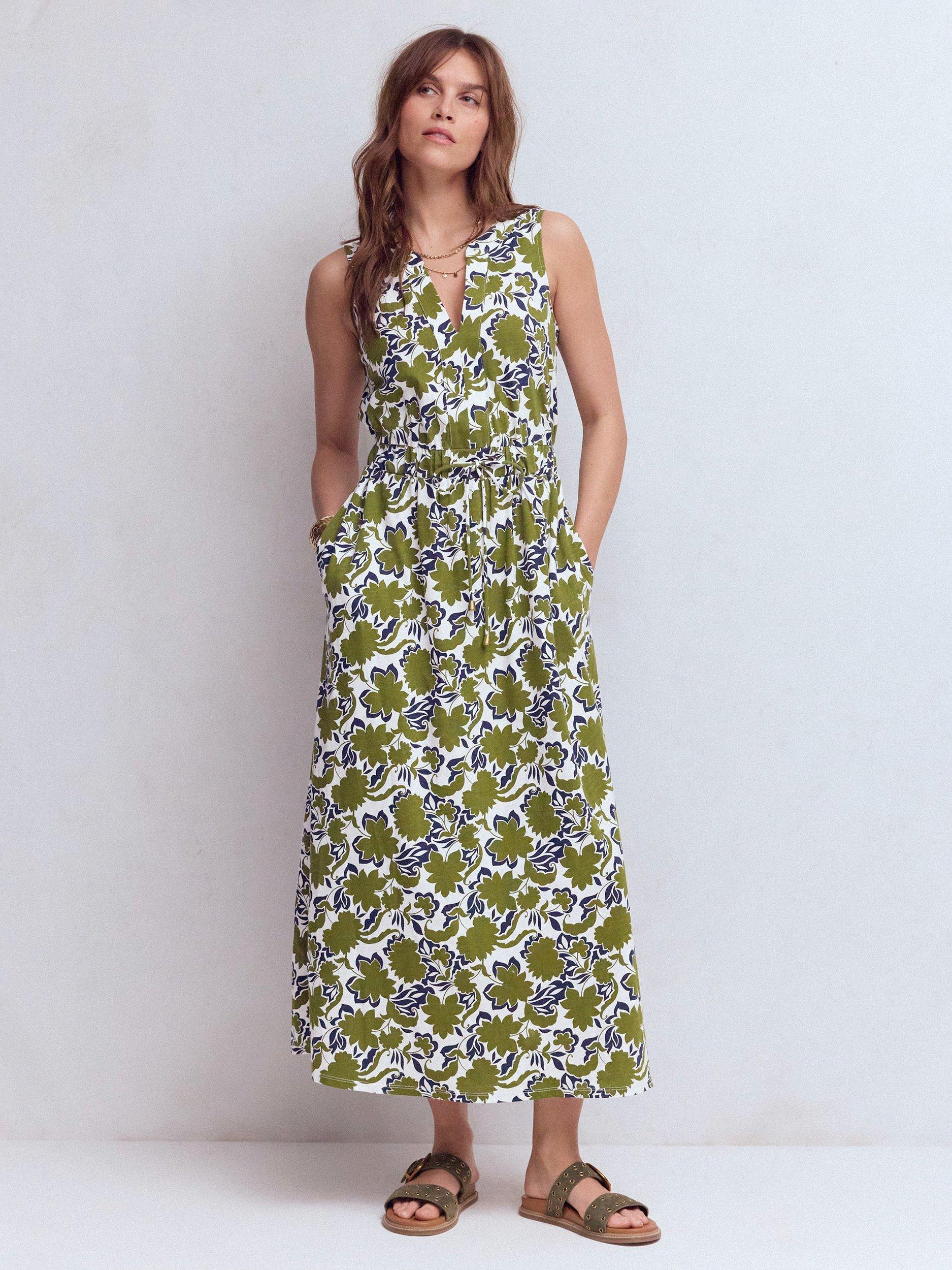 Boden Delphine Drawstring Waist Midi Dress, Olive