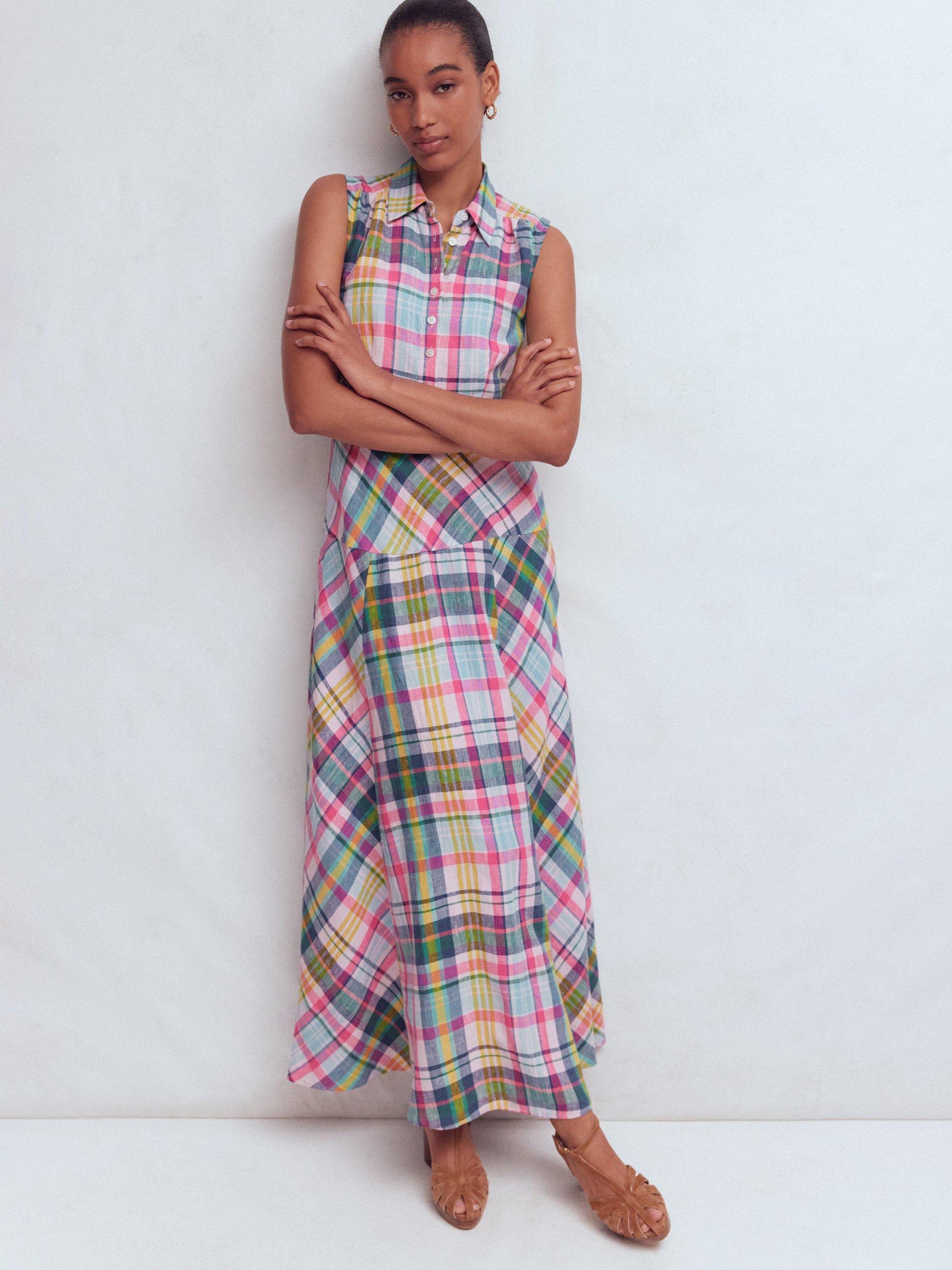 Boden Erma Check Drop Waist Pure Linen Dress, Blue/Multi
